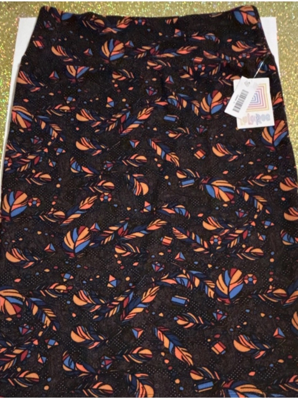 LuLaRoe Black Pencil Skirt with Orange & Blue Abstract Floral Print